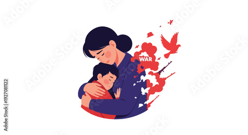 Illustration of a mother hugging her child with red paint splatters and birds in the background.