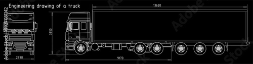 Vector engineering scheme of truck with trailer 
with dimensional lines and numerical values of vehicle dimensions. Computer technic cad design.  Mechanical working drawing on paper sheet.