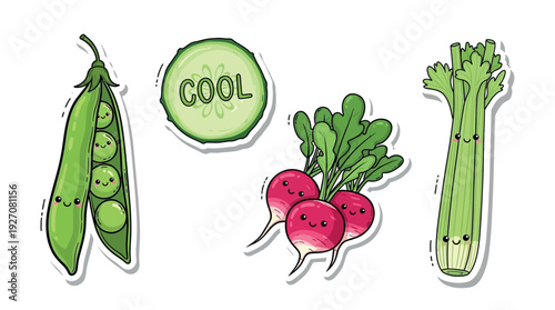  A sticker illustration features a variety of colorful vegetables, including peas in a pod, red radishes with green tops, and a stalk of celery. 