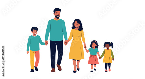 Illustration of a family of four walking hand in hand against a clean white background with a cheerful mood.
