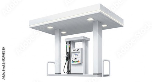 Modern gas station canopy with fuel pumps, white design, clean and bright.