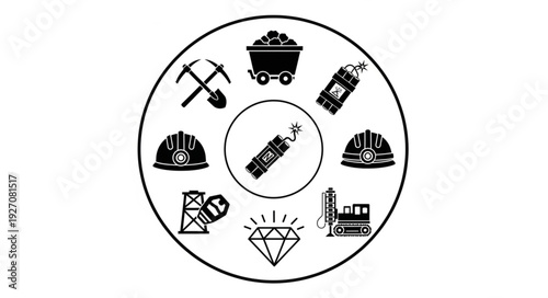 Mining industry illustration featuring various tools and equipment in a circular design.