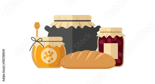 Homemade Food Staples: Honey Jar, Jam Preserve, Fresh Bread Loaf, and Cooking Pot Vector Icon