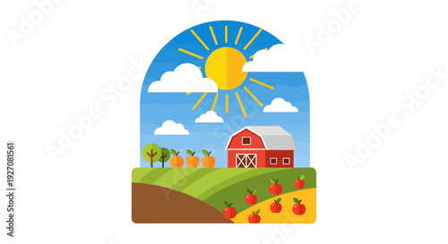 Flat Design Farm Landscape Illustration. Rural Agriculture Scene with Red Barn, Rolling Hills, Bright Sun, and Fruit Harvest.