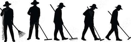 Silhouette of farmers working with rakes in field, agriculture workers, farming tools, rural labor, outdoor job, farm maintenance, seasonal agricultural illustration