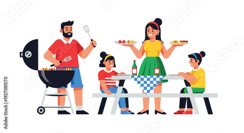 Illustration of a family having a barbecue in a park with a picnic table and a grill.