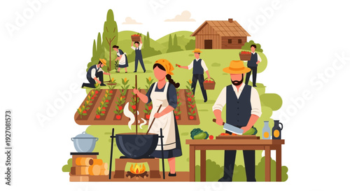 Rural Community Farming: Flat Vector Illustration of Farmers Harvesting Crops and Cooking Fresh Organic Food Outdoors