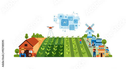 AI Smart Farming and Precision Agriculture Concept. Drone Technology Monitoring Crops and Connecting Rural Community. Vector Illustration.
