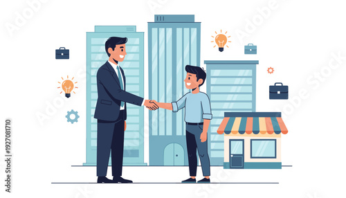 Business Handshake Between Corporate Professional and Small Business Entrepreneur with City Skyscrapers and Shop, Representing Partnership, Recruitment, Growth, and Successful Collaboration.