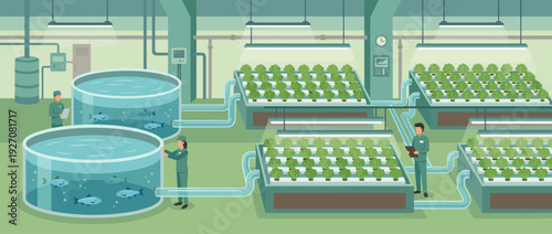 Modern indoor aquaponics facility illustration featuring large fish tanks and hydroponic growing beds for sustainable farming with workers monitoring the eco-friendly agricultural system.