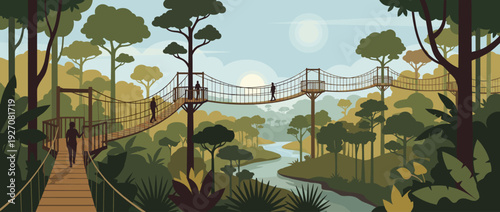 Scenic Canopy Walkway in a Lush Tropical Rainforest Flat Vector Illustration. People Walking on a Suspension Bridge Above a Winding River Through Dense Jungle Trees, Exotic Plants, and Greenery.