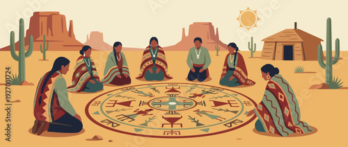 Navajo Sand Painting Ceremony in Desert Landscape with People in Tribal Blankets, Hogan, Cacti, and Monument Valley Buttes, Sacred Native American Ritual Flat Vector Illustration Art