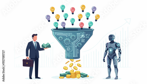Businessman and AI Robot Using a Digital Funnel to Process Creative Light Bulb Ideas into Gold Coins and Cash, Concept of Artificial Intelligence Automation for Business Growth and Innovation.