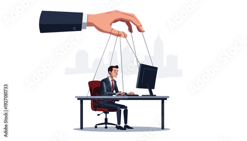 Giant Hand Controlling a Businessman Puppet Working at a Computer Desk, Concept of Corporate Manipulation, Dictatorship, Boss Control, Employee Surveillance, and Automation in Modern Office Work