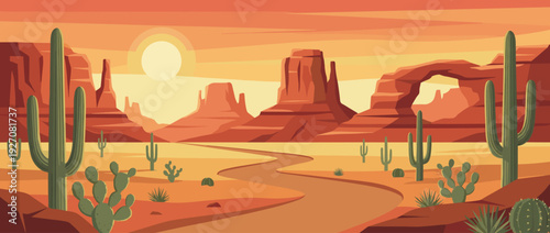 Flat vector illustration of a scenic desert national park landscape with red rock formations, mesas, buttes, a natural arch, saguaro cacti, and a winding road under a warm orange sunset sky.