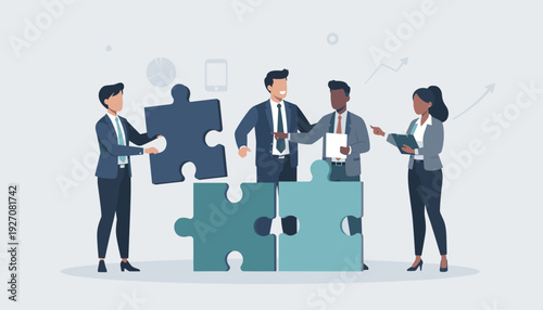 Professional business team collaborating to solve problems by assembling large jigsaw puzzle pieces. Diverse group of colleagues working together for strategic success and creative solutions.