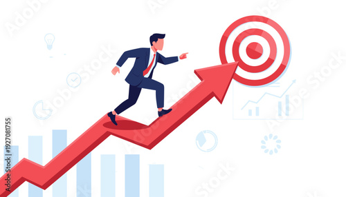 Ambitious businessman in a suit running up a rising red arrow towards a target bullseye, representing business growth, goal achievement, career success, and strategic progress in a corporate setting.