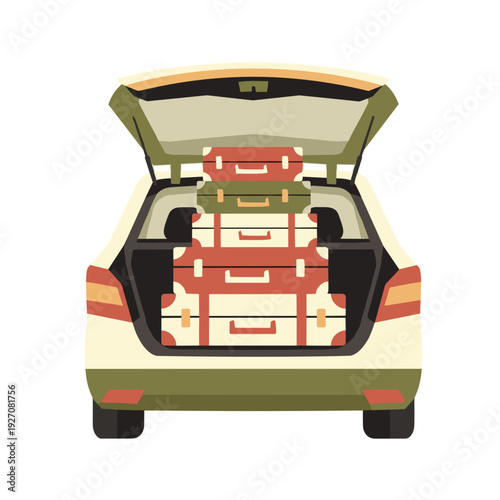 Car trunk filled with colorful luggage ready for travel  
