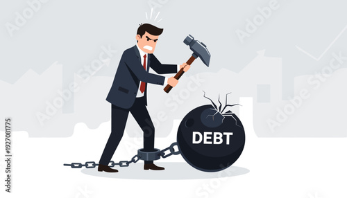 Businessman in suit using a hammer to break a heavy iron ball labeled debt chained to his ankle, symbolizing financial freedom, overcoming economic burden, bankruptcy, and credit crisis management.