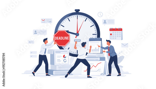 Business team frantically trying to stop time with a giant clock and deadline sign. Concept of time management, project pressure, and meeting deadlines in a modern flat vector illustration.