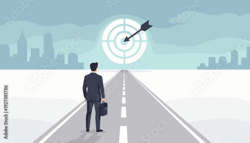 Businessman in a suit with a briefcase standing on a highway looking at a glowing target with an arrow, symbolizing business goals, career growth, strategic planning, vision, and future success.