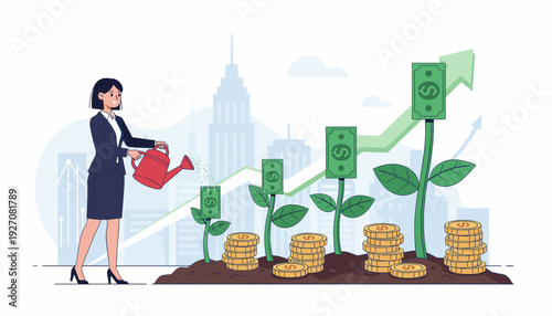 Businesswoman Watering Money Plants for Financial Growth and Investment Success. Vector Illustration of Professional Woman Nurturing Dollar Bills and Gold Coins to Increase Wealth and Profitability.