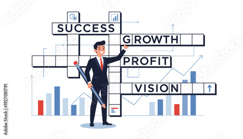 Businessman solving a crossword puzzle with words success, growth, profit, and vision. Concept of business strategy, achievement, and financial growth with charts and graphs in the background.