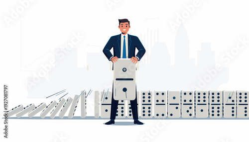 Businessman in Suit Stopping Falling Dominoes to Prevent Chain Reaction, Risk Management and Crisis Control Concept, Leadership and Stability in Business Finance with City Skyline Background