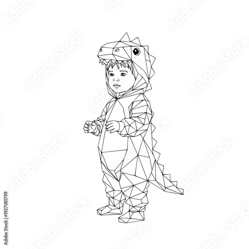 Young child wearing dinosaur costume and standing in playful pose  