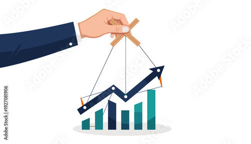 Hand of a Puppeteer Controlling Financial Chart with Strings, Concept of Market Manipulation, Economic Influence, Artificial Stock Growth, Business Strategy, Power, and Corruption Vector Art