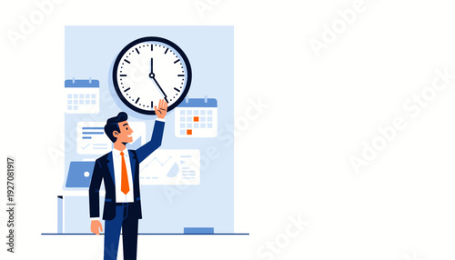Businessman in a professional suit managing time and schedule with a large clock, calendars, and data charts in the background, representing productivity, organization, and efficient planning.