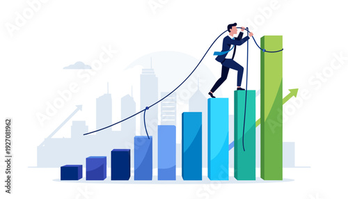 Ambitious businessman climbing a rising financial bar chart with a rope, symbolizing investment growth, economic success, reaching business goals, career advancement, and market performance.