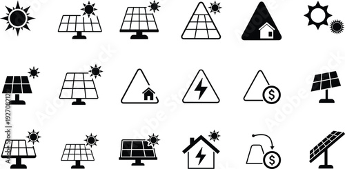Set of solar energy icons showing sun, solar panels, houses, money-saving concepts, and electricity generation in modern minimal silhouette style.