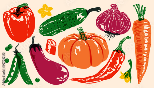 Fresh vegetables. Organic farm food, colorful bell pepper carrot eggplant cucumber green peas onion pumpkin, vintage vegetable collection risograph linocut print. Vector abstract set