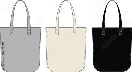 Set of three tote bags in gray, cream, and black colors, minimalist design, fashion accessories, reusable shopping bags, vector illustration