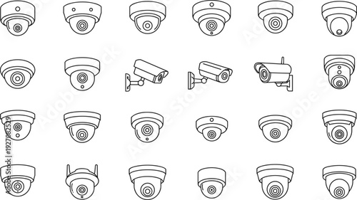 Set of vector security cameras, dome and bullet types, CCTV surveillance illustration, home safety, smart monitoring system, line drawing