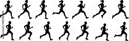 Set of vector silhouettes of women and men running, action poses, athletic movement, fitness, sport activities, runners, human body in motion, isolated black figures on transparent background