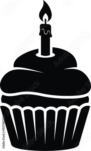 Black cupcake with candle on isolated for birthday celebration vector illustration