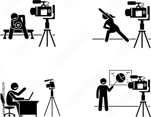 Stick figures illustrating various individuals recording online content, including fitness workouts, remote work, and business presentations, using a camera on a tripod.