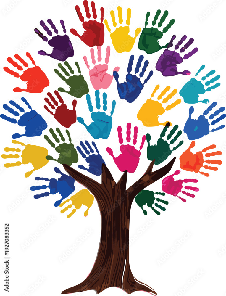 Fototapeta premium Colorful Handprint Tree Illustration Symbolizing Diversity, Unity, Creativity and Child Development for Education, Preschool Classroom Decor and Community Growth Concept Art Background Design