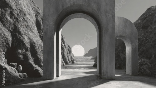 Arches Framing Ocean and Setting Sun