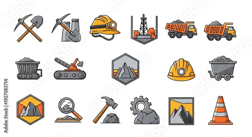 Collection of mining and construction equipment illustrations, various tools and symbols.