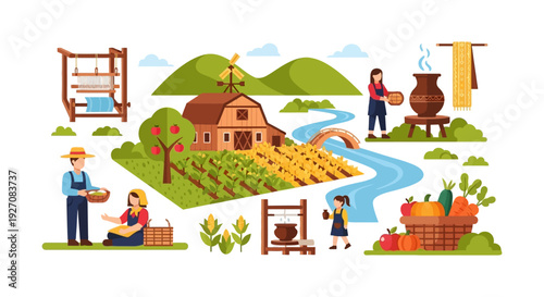 Traditional Rural Farm Lifestyle and Harvest Vector Illustration. Farmers, Weaving, and Agricultural Production in a Scenic Landscape.