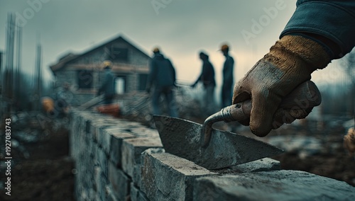 Wallpaper Mural Construction worker building a brick wall with trowel on a cloudy day. Torontodigital.ca