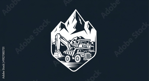 Construction equipment logo featuring mountains and heavy machinery, a rugged design.