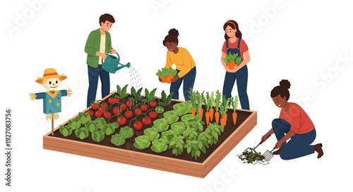 Community Garden Illustration: Diverse Group of People Tending Raised Vegetable Bed, Watering and Harvesting Organic Produce