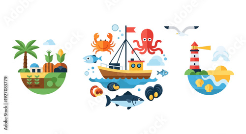 Flat Design Vector Icon Set of Global Resources: Agriculture Farm, Fishing Boat Seafood, and Coastal Lighthouse Island