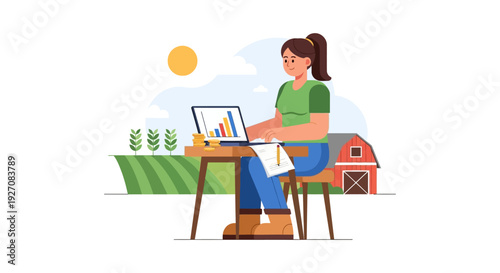 Modern Female Farmer Analyzing Financial Growth Data on Laptop. Agribusiness Management, Rural Business Technology, and Sustainable Farm Analytics Illustration.