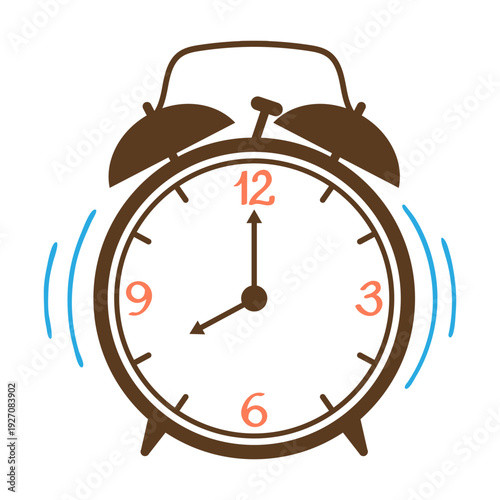 Brown vintage analog alarm clock with red numbers ringing loudly, indicating it's time to wake up.
