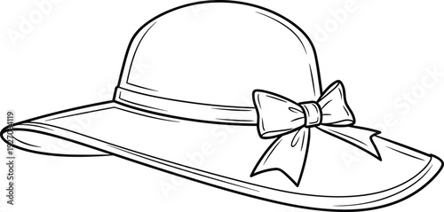 Black and white of a bowler hat with a bow ribbon